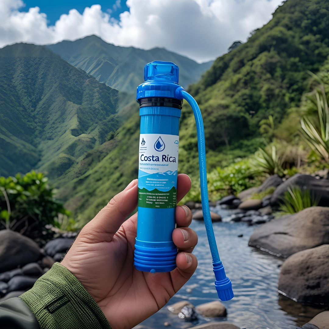 Filtro de agua pequeño y portátil para llevar en excursiones de montaña en Costa Rica